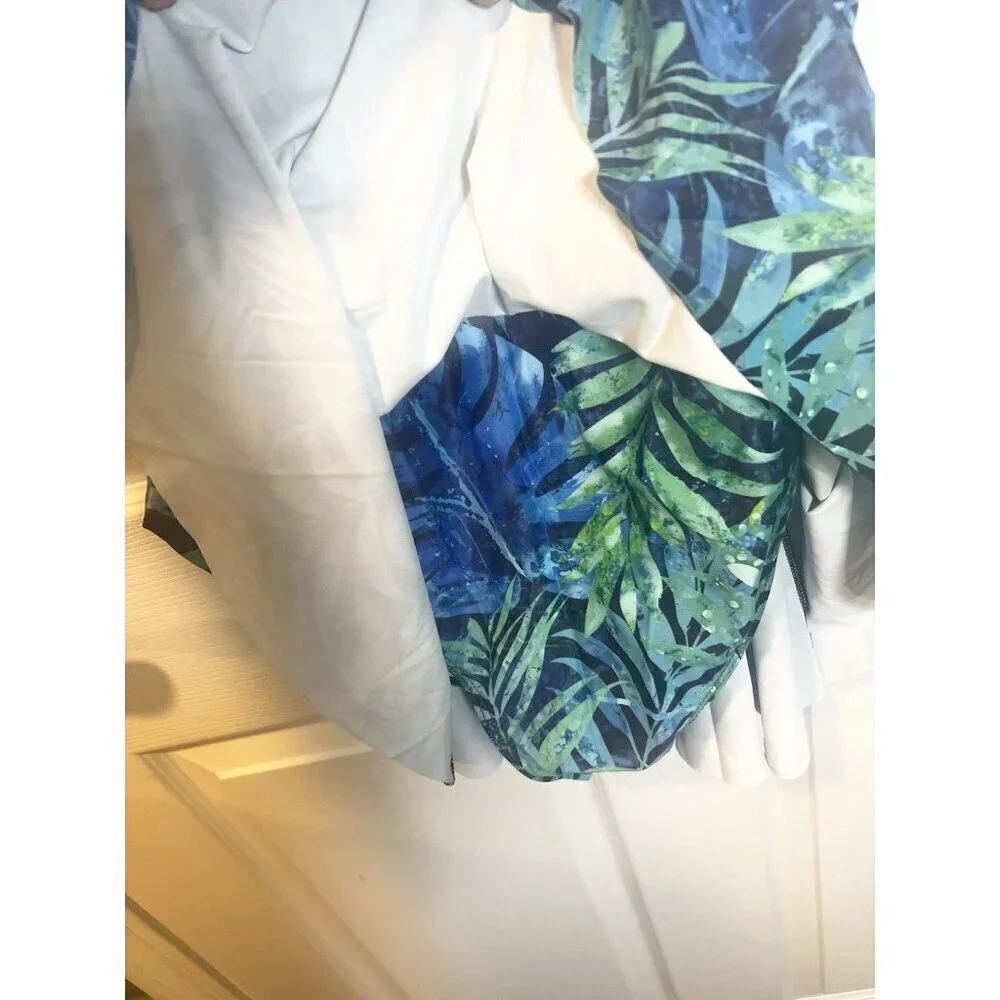 Yonique Ruched Detailing Removable Padded Long Swimsuit Large Skirt Blue Leaves